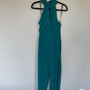 New NWT Bebe XS, 00, 0 Scarf Tie Jumpsuit Teal Green Blue Pants Suit Neck Tie